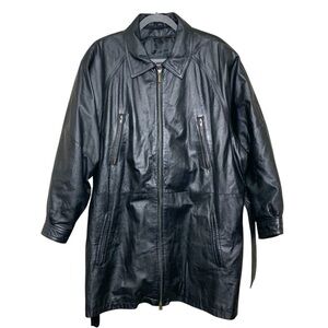 Vintage 90s Wilson's Black Leather Zip Jacket Sz XL-XXL Mid Length Belted Coat